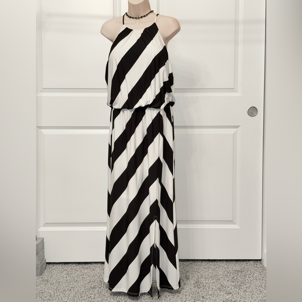 London Times Petite Black and White Striped Maxi Dress 14P - Picture 1 of 11